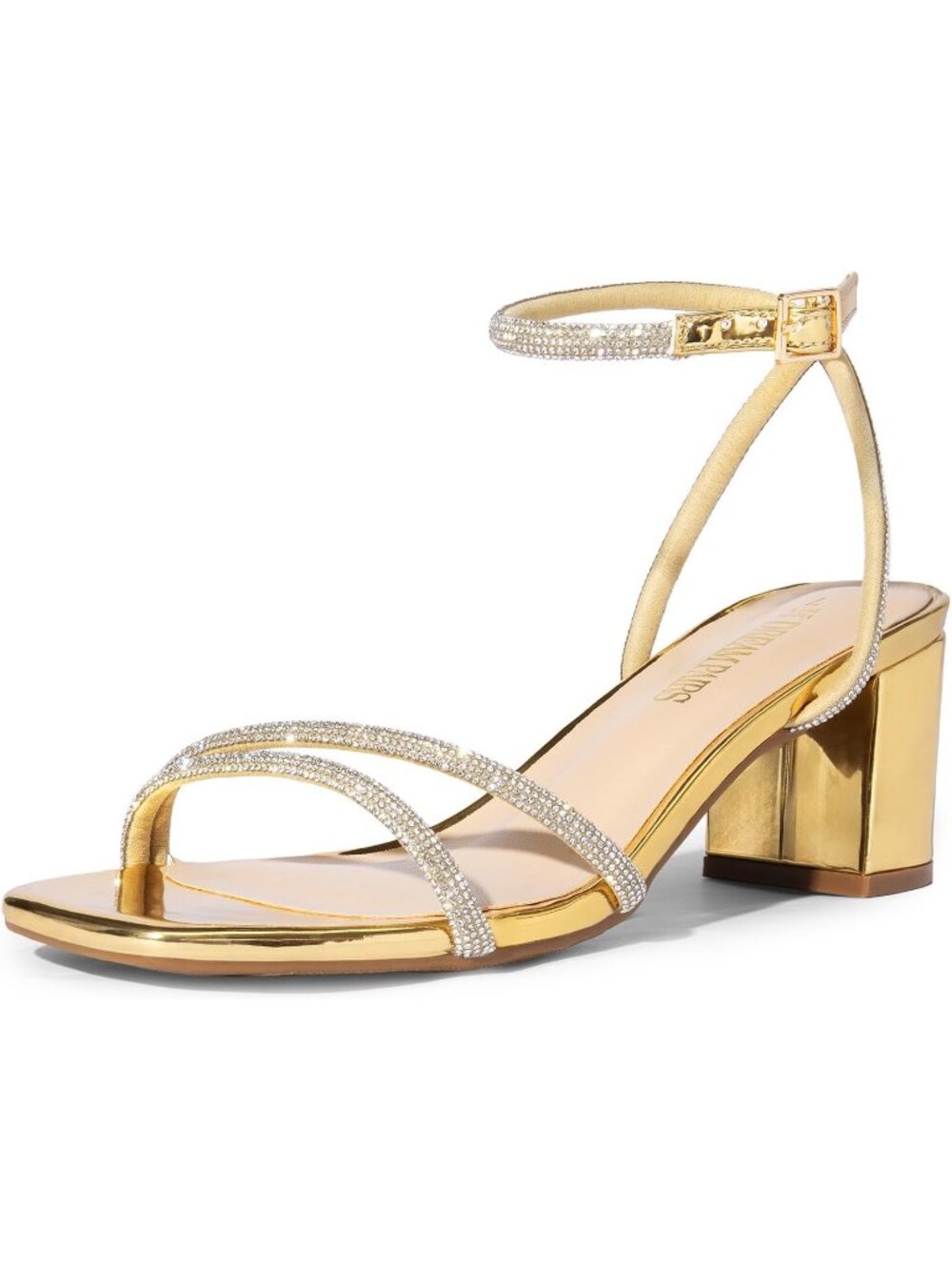 Women's Gold Rhinestone 2.36 inch Asymmetric Chunky Ankle Buckle Heeled Sandals